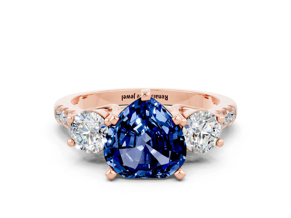 Rose gold Three-Stone Heart Cut Blue Sapphire Pavé Band with Four-Prong Setting