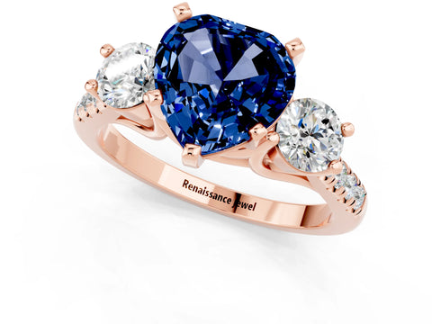 Rose gold Three-Stone Heart Cut Blue Sapphire Pavé Band with Four-Prong Setting_1