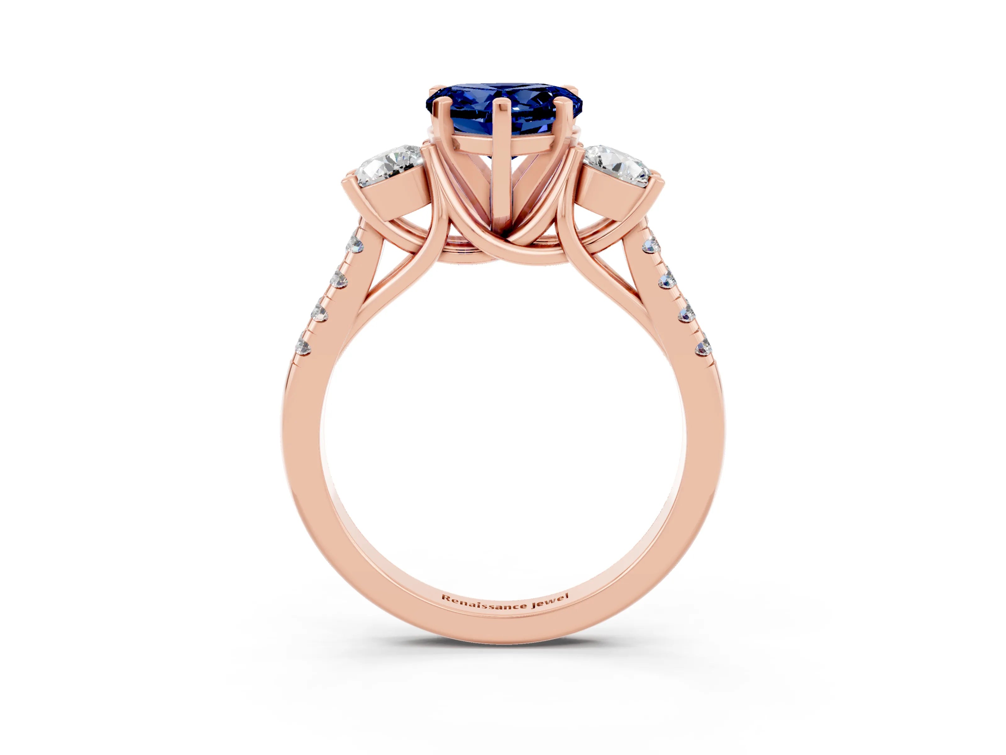 Rose gold Three-Stone Heart Cut Blue Sapphire Pavé Band with Four-Prong Setting_3
