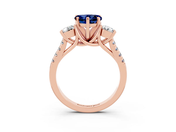 Rose gold Three-Stone Heart Cut Blue Sapphire Pavé Band with Four-Prong Setting