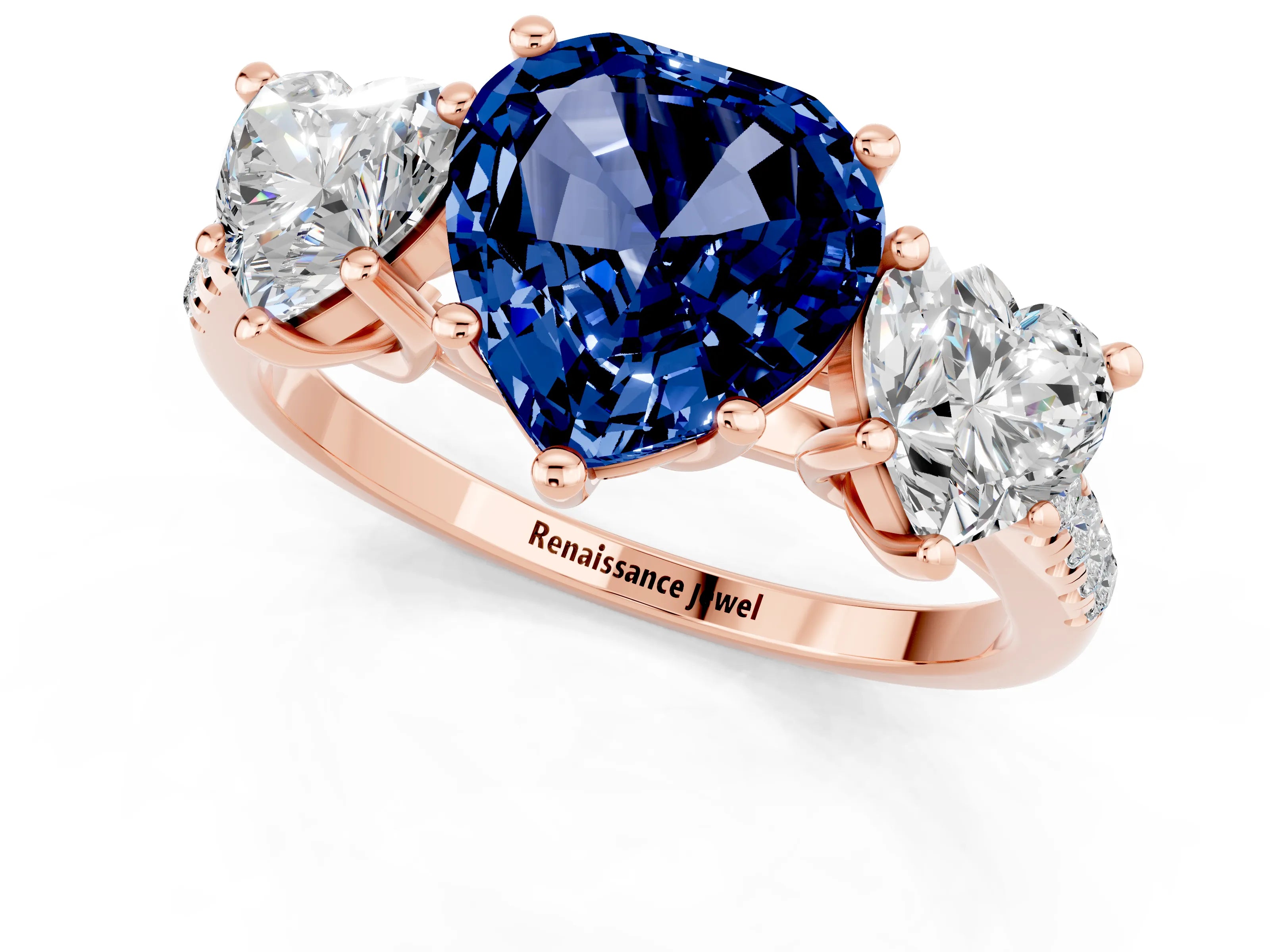 Rose gold Three-Stone Heart Cut Blue Sapphire Ring with Pavé Band and Prong Setting_13