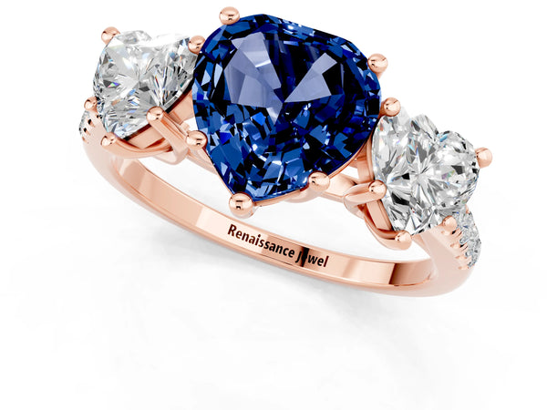 Rose gold Three-Stone Heart Cut Blue Sapphire Ring with Round  Pavé Band and Prong Setting