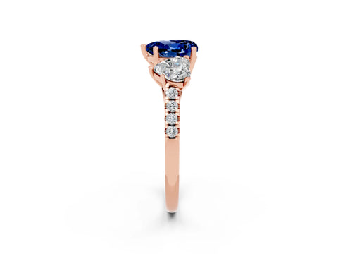 Rose gold Three-Stone Heart Cut Blue Sapphire Ring with Pavé Band and Prong Setting_14