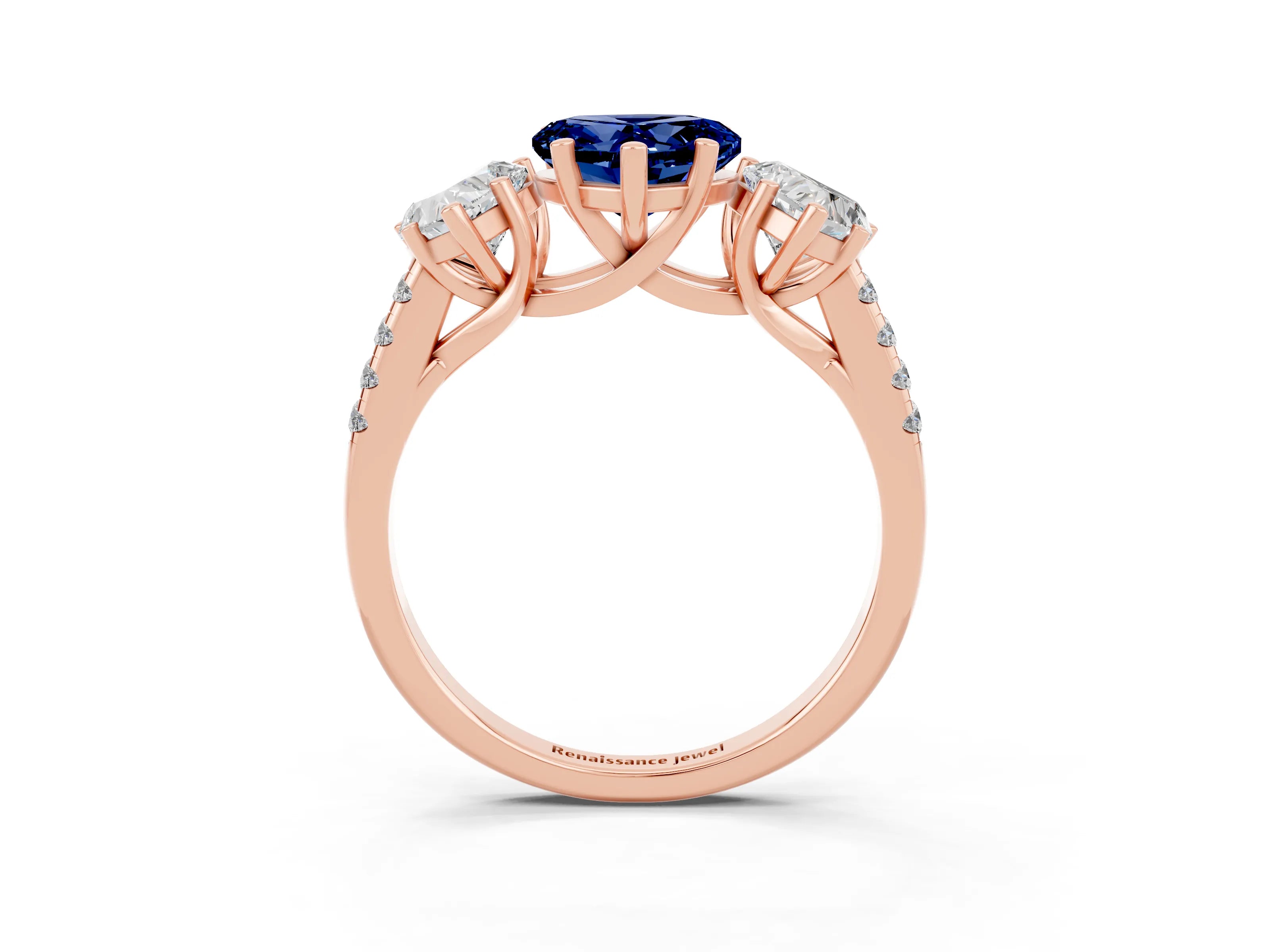 Rose gold Three-Stone Heart Cut Blue Sapphire Ring with Pavé Band and Prong Setting_15