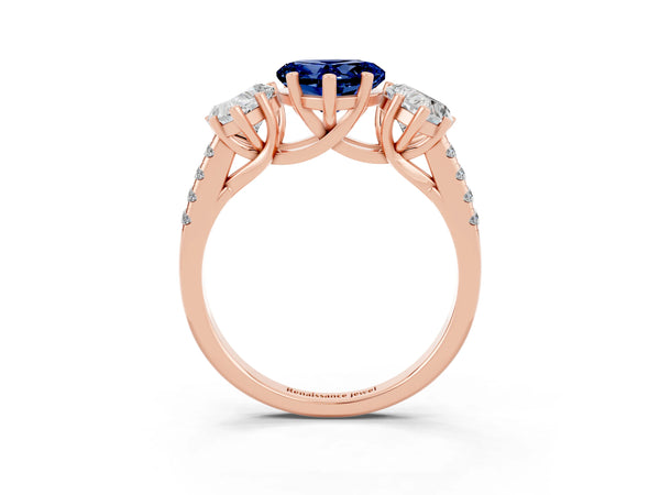 Rose gold Three-Stone Heart Cut Blue Sapphire Ring with Round  Pavé Band and Prong Setting