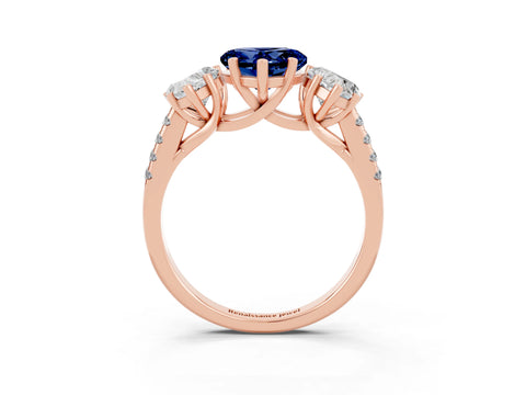 Rose gold Three-Stone Heart Cut Blue Sapphire Ring with Pavé Band and Prong Setting_15