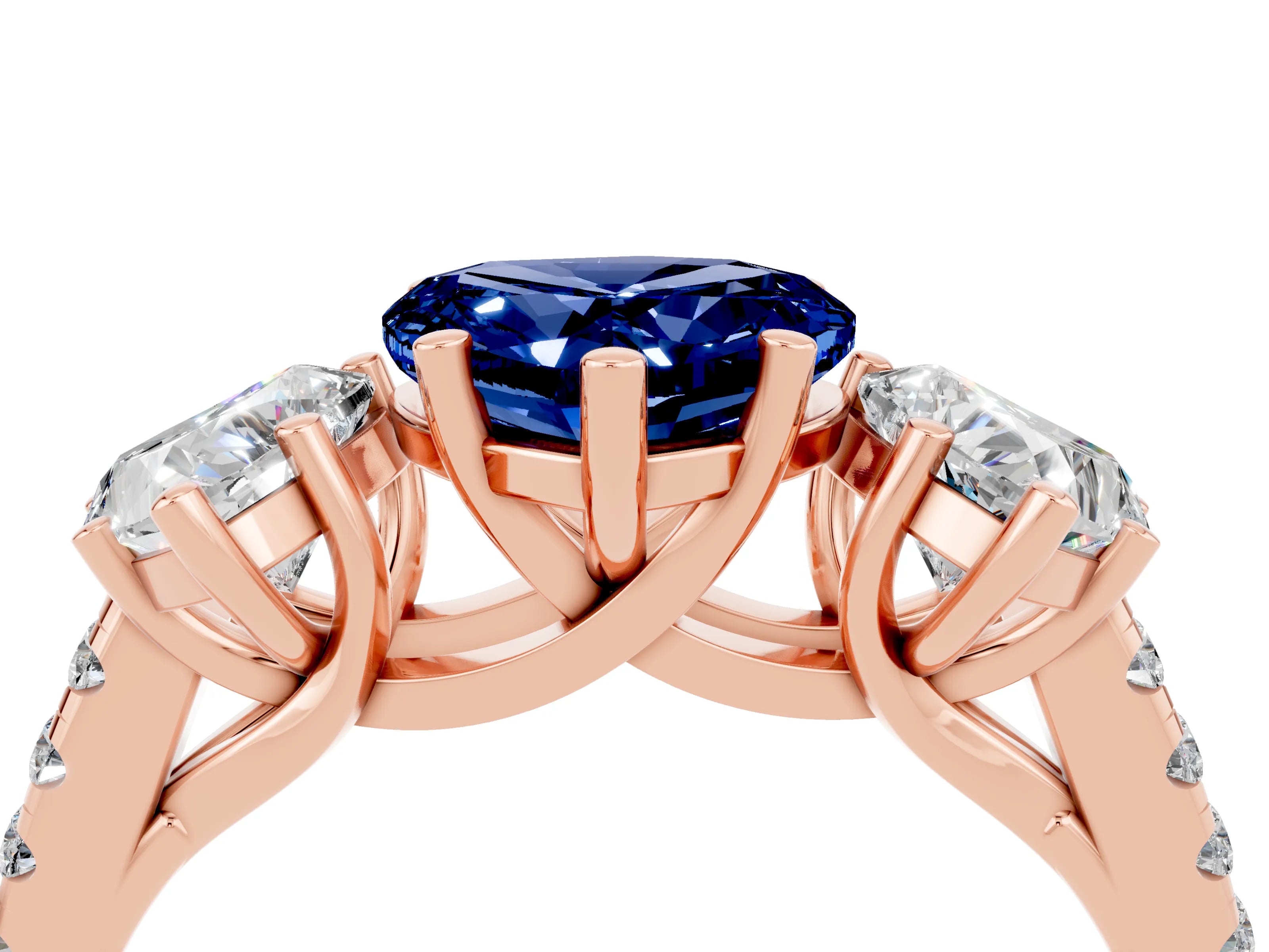 Rose gold Three-Stone Heart Cut Blue Sapphire Ring with Pavé Band and Prong Setting_16