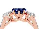 Rose gold Three-Stone Heart Cut Blue Sapphire Ring with Pavé Band and Prong Setting_16