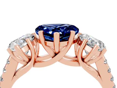 Rose gold Three-Stone Heart Cut Blue Sapphire Ring with Pavé Band and Prong Setting_16