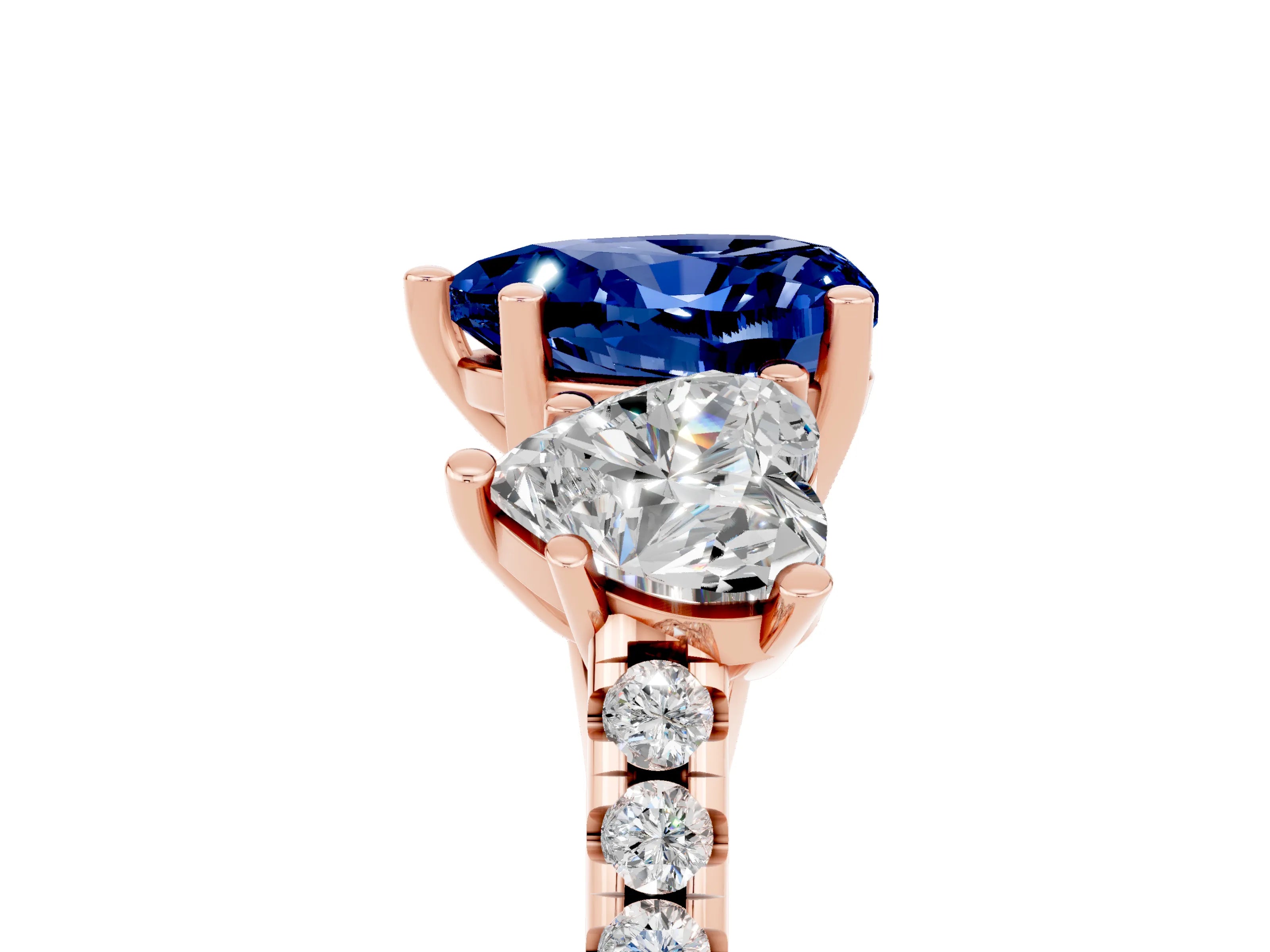 Rose gold Three-Stone Heart Cut Blue Sapphire Ring with Pavé Band and Prong Setting_17