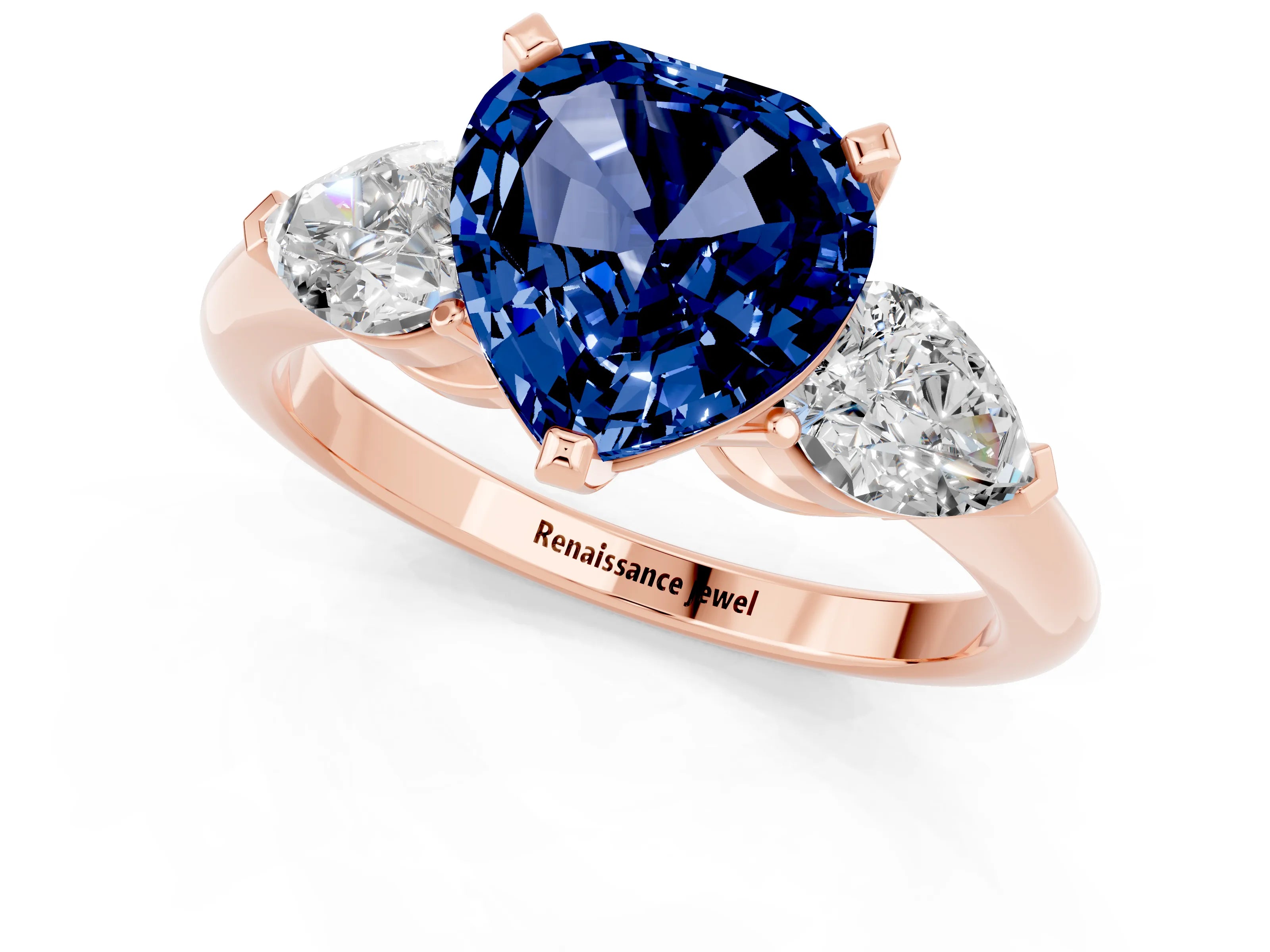 Rose gold Three-Stone Heart Cut Blue Sapphire Ring with Pear Side Stones and Four-Prong Setting_1