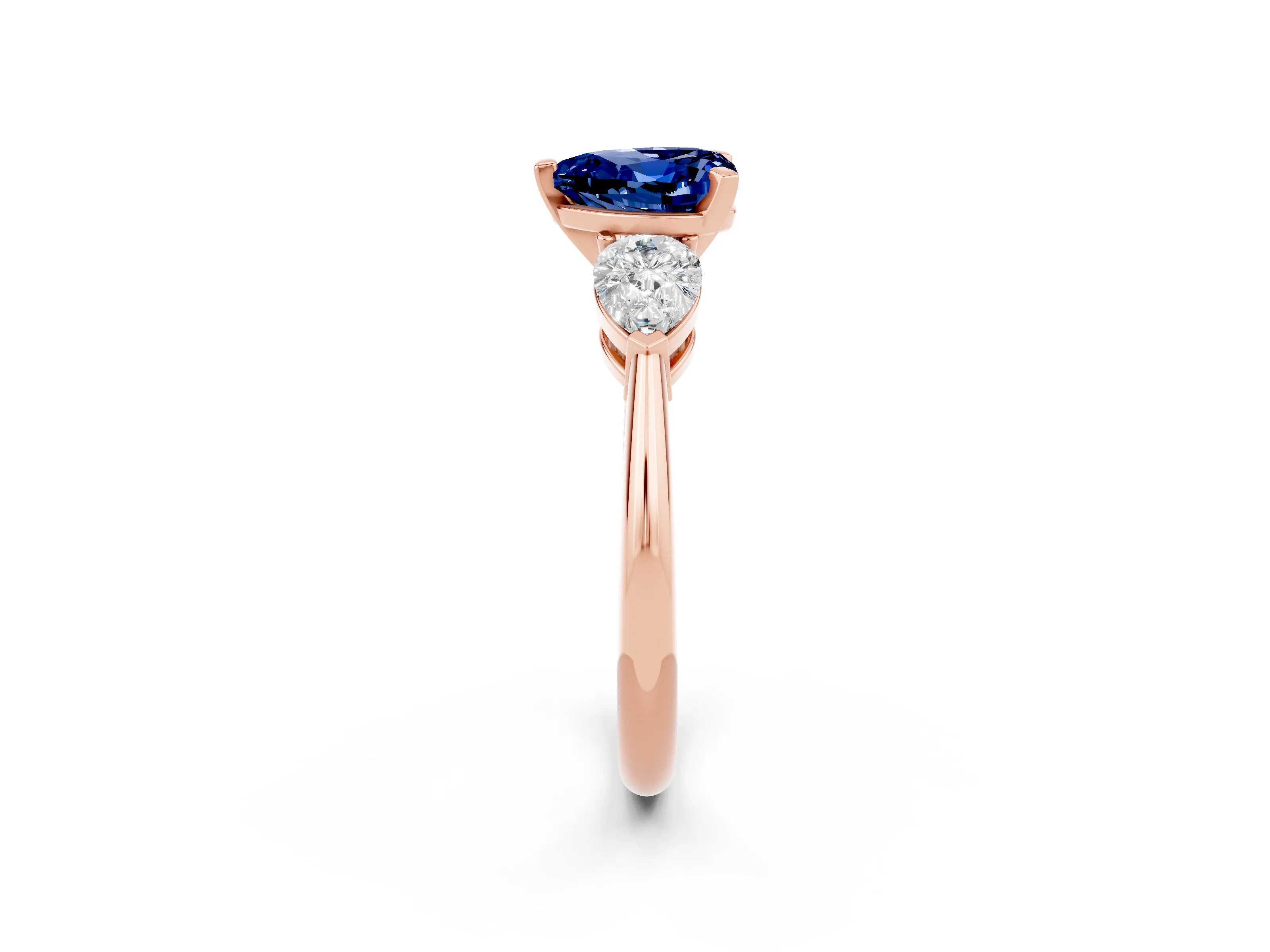 Rose gold Three-Stone Heart Cut Blue Sapphire Ring with Pear Side Stones and Four-Prong Setting_2
