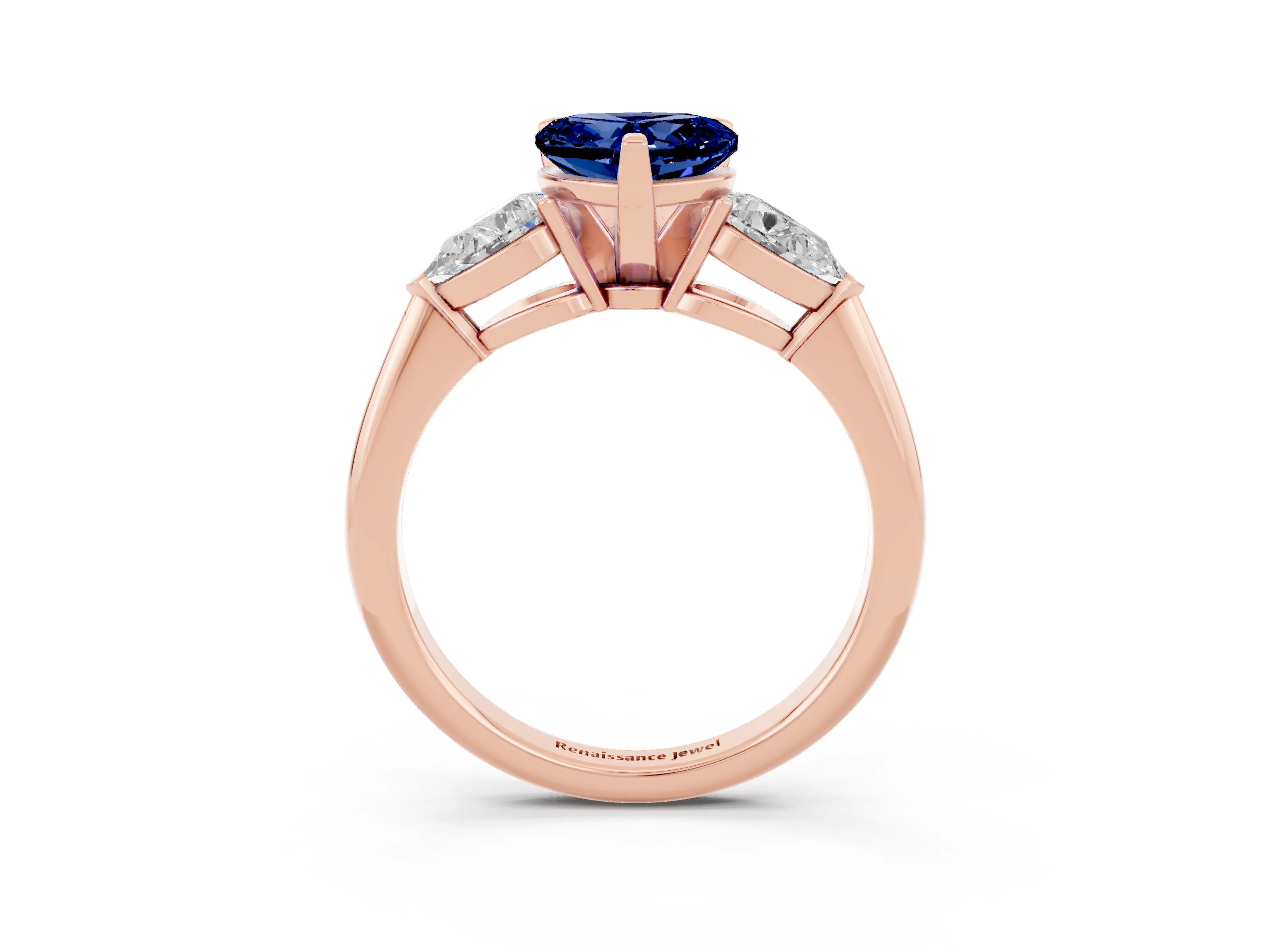 Rose gold Three-Stone Heart Cut Blue Sapphire Ring with Pear Side Stones and Four-Prong Setting_3