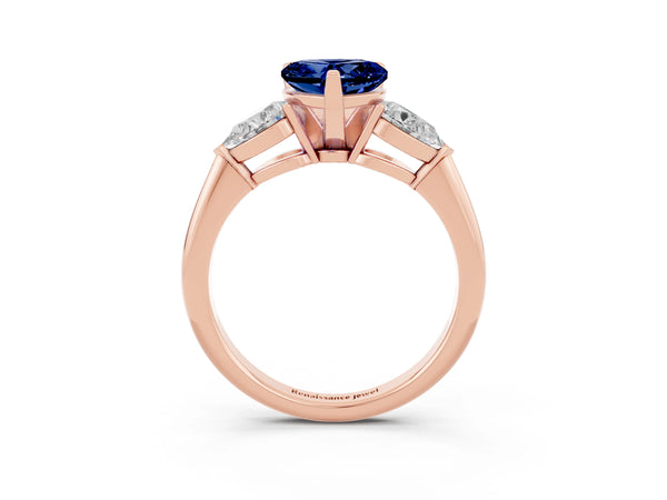 Rose gold Three-Stone Heart Cut Blue Sapphire Ring with Pear Side Stones and Four-Prong Setting