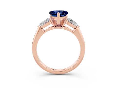 Rose gold Three-Stone Heart Cut Blue Sapphire Ring with Pear Side Stones and Four-Prong Setting_3