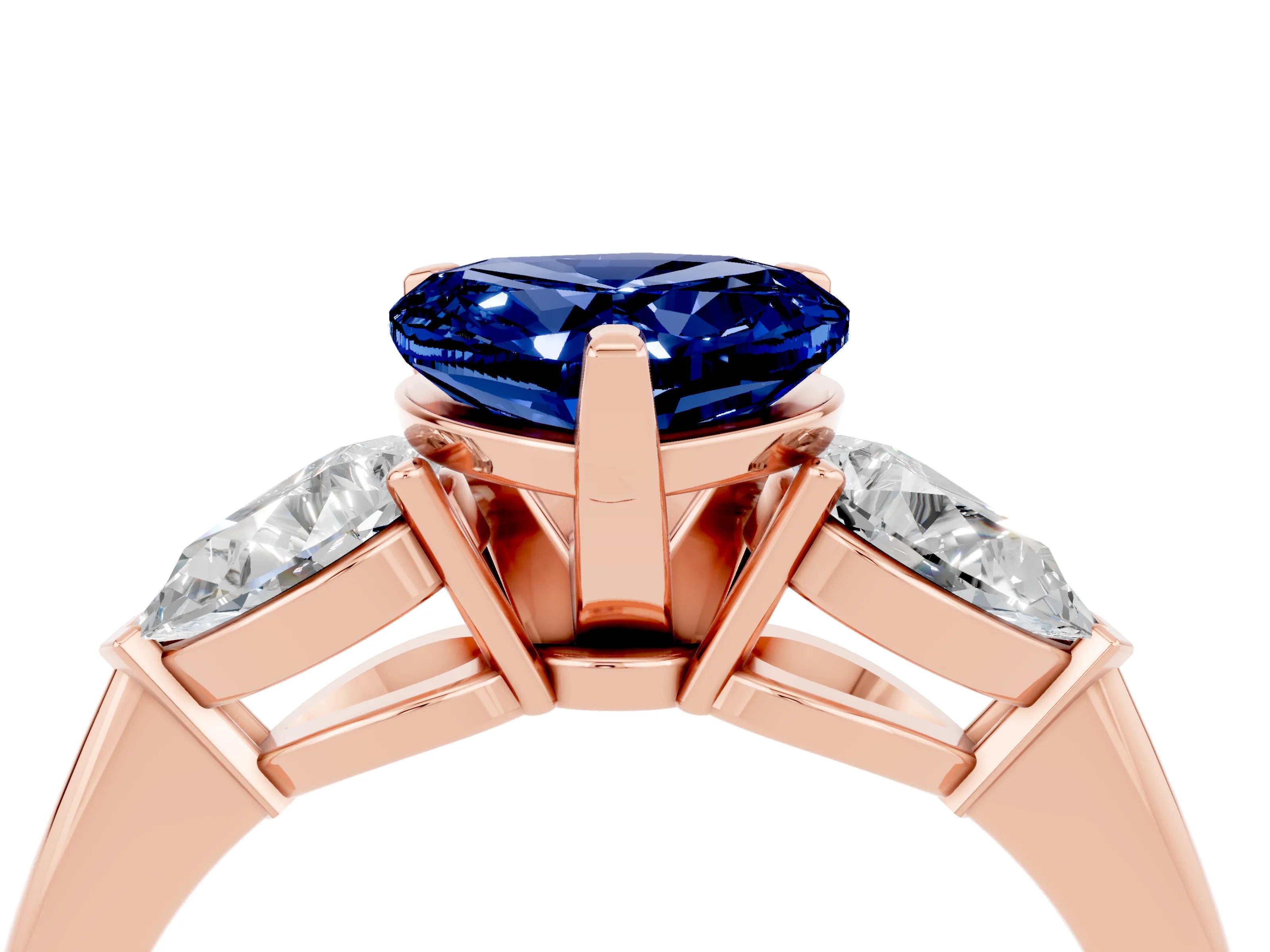 Rose gold Three-Stone Heart Cut Blue Sapphire Ring with Pear Side Stones and Four-Prong Setting_4