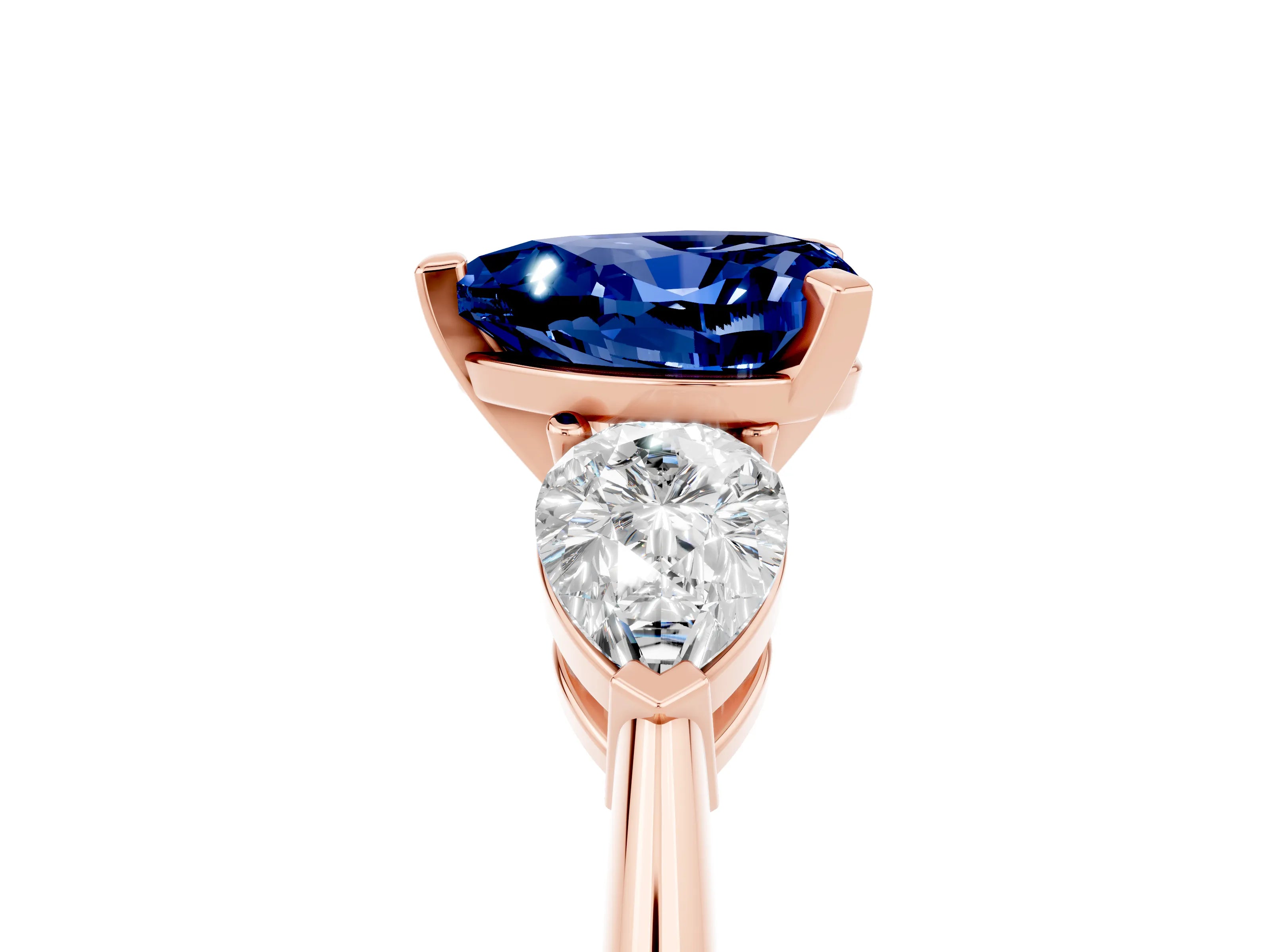 Rose gold Three-Stone Heart Cut Blue Sapphire Ring with Pear Side Stones and Four-Prong Setting_5