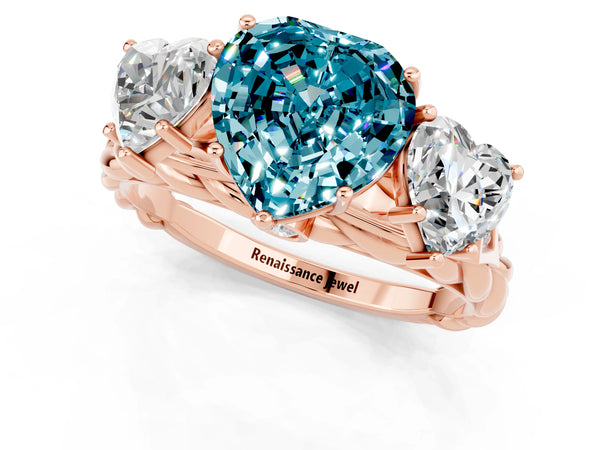 Rose gold Three-Stone Heart Cut Blue Topaz Braided Band Ring with Four-Prong Setting