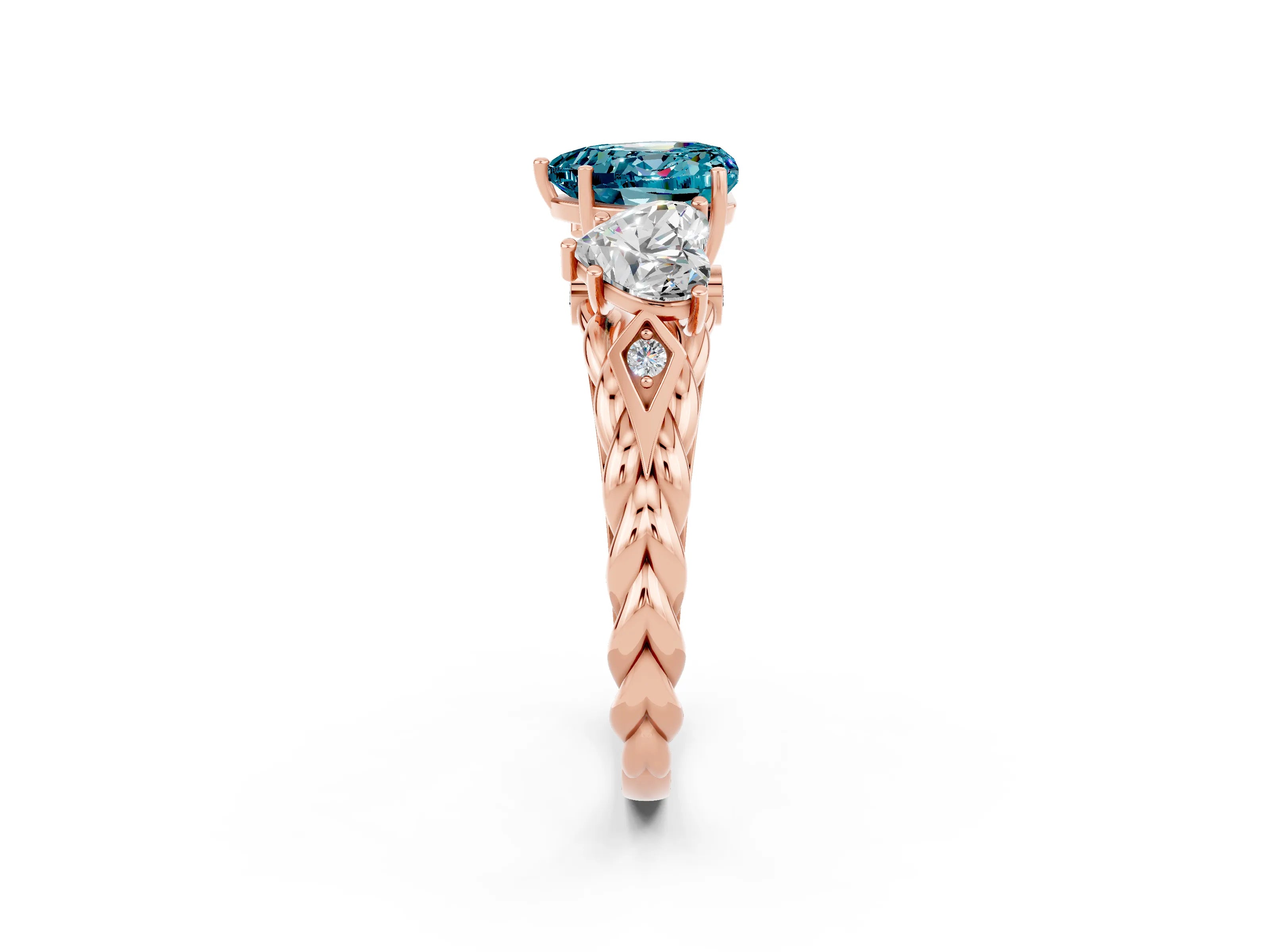 Rose gold Three-Stone Heart Cut Blue Topaz Braided Band Ring with Four-Prong Setting_14