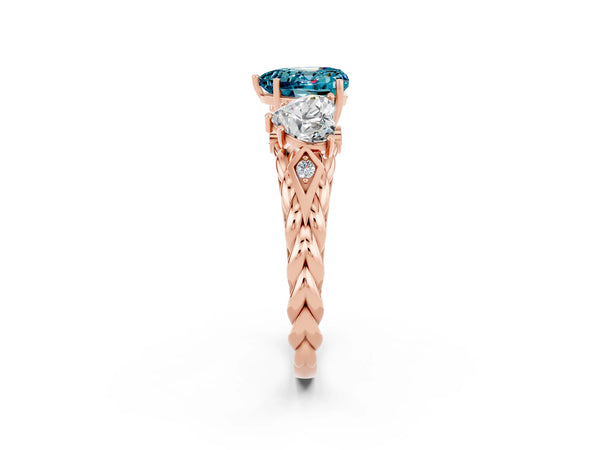 Rose gold Three-Stone Heart Cut Blue Topaz Braided Band Ring with Four-Prong Setting