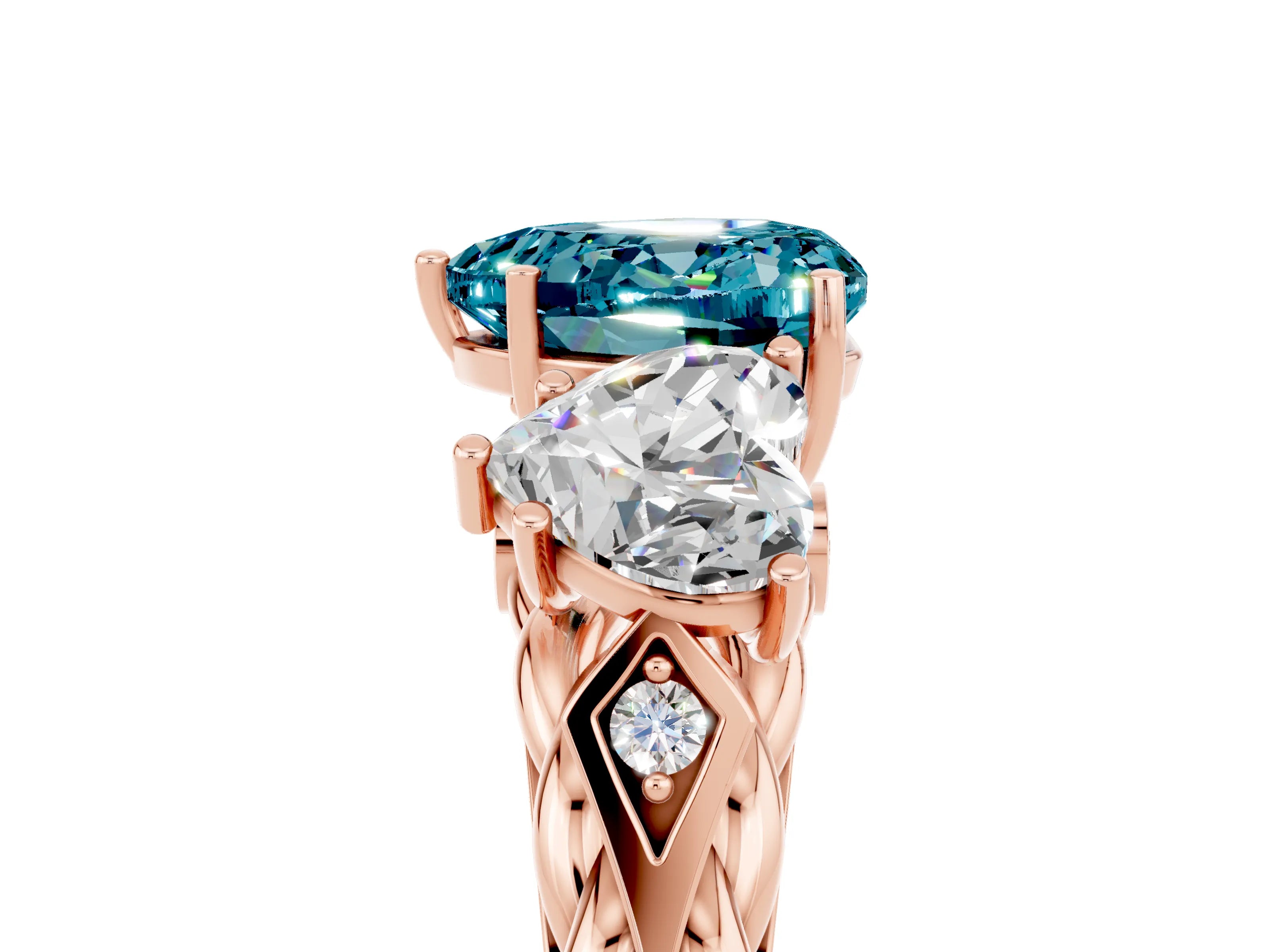 Rose gold Three-Stone Heart Cut Blue Topaz Braided Band Ring with Four-Prong Setting_17
