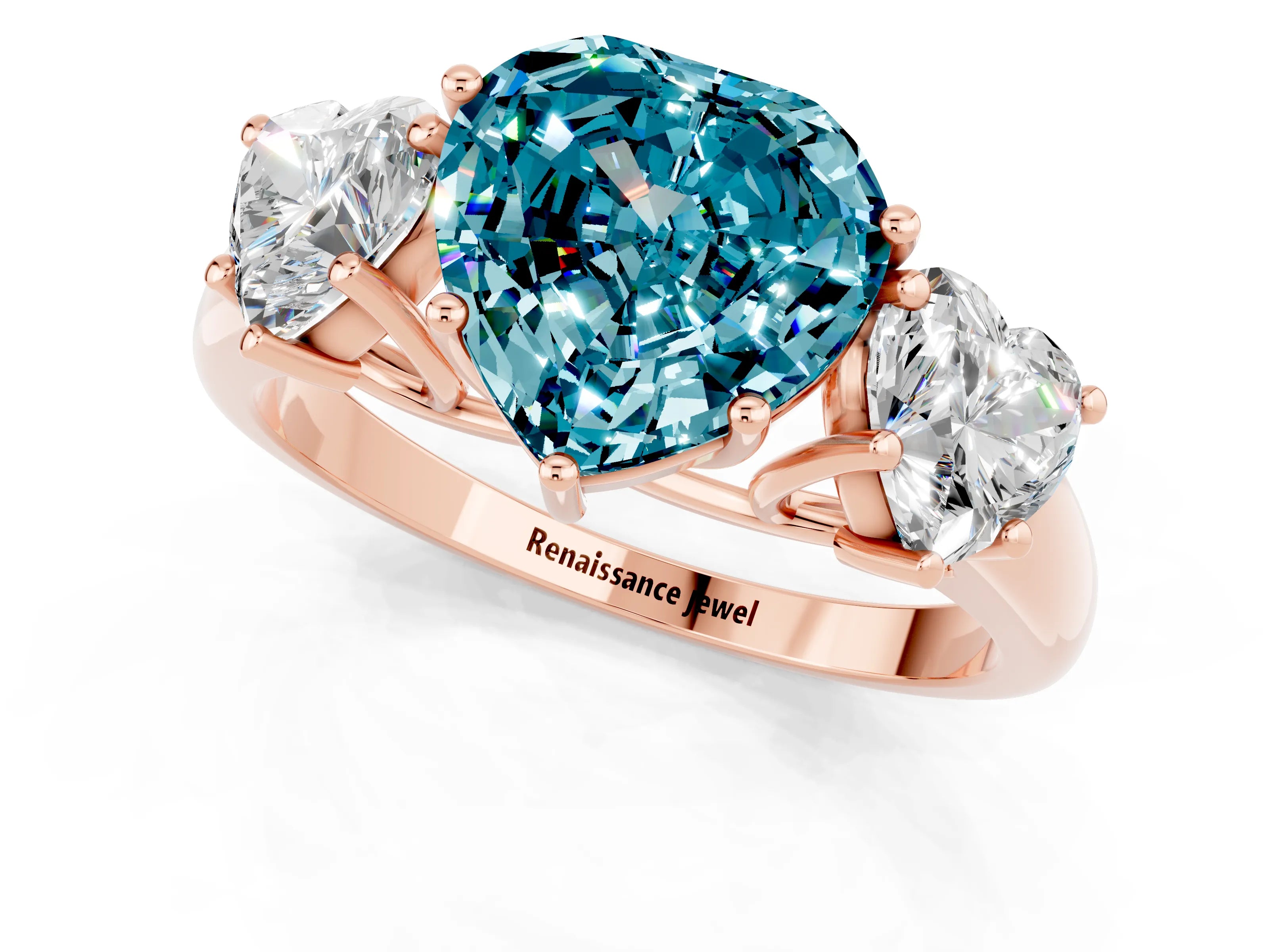 Rose gold Three-Stone Heart Cut Blue Topaz Engagement Ring with Prong Setting_1