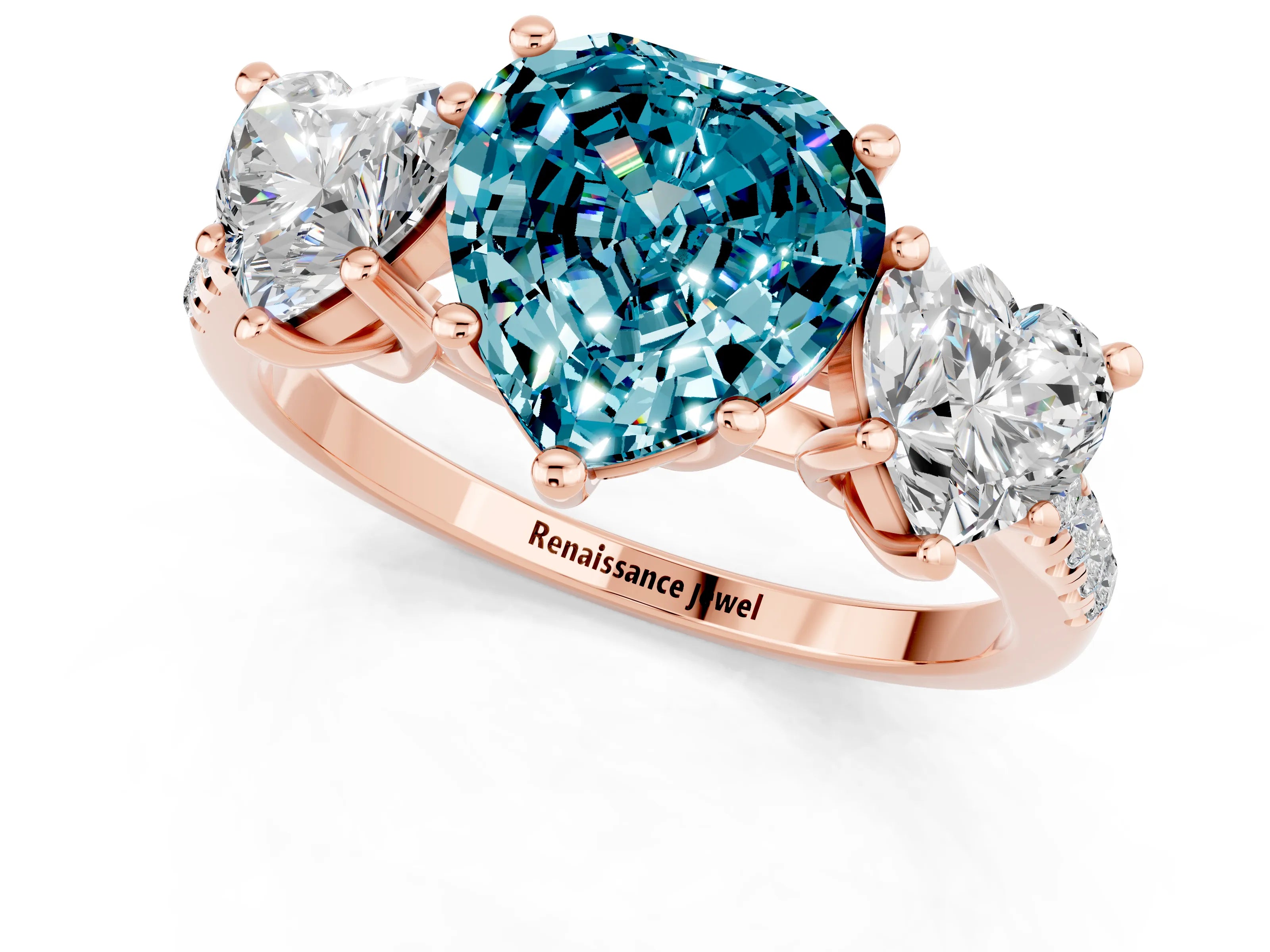Rose gold Three-Stone Heart Cut Blue Topaz Ring with Pavé Band and Prong Setting_13