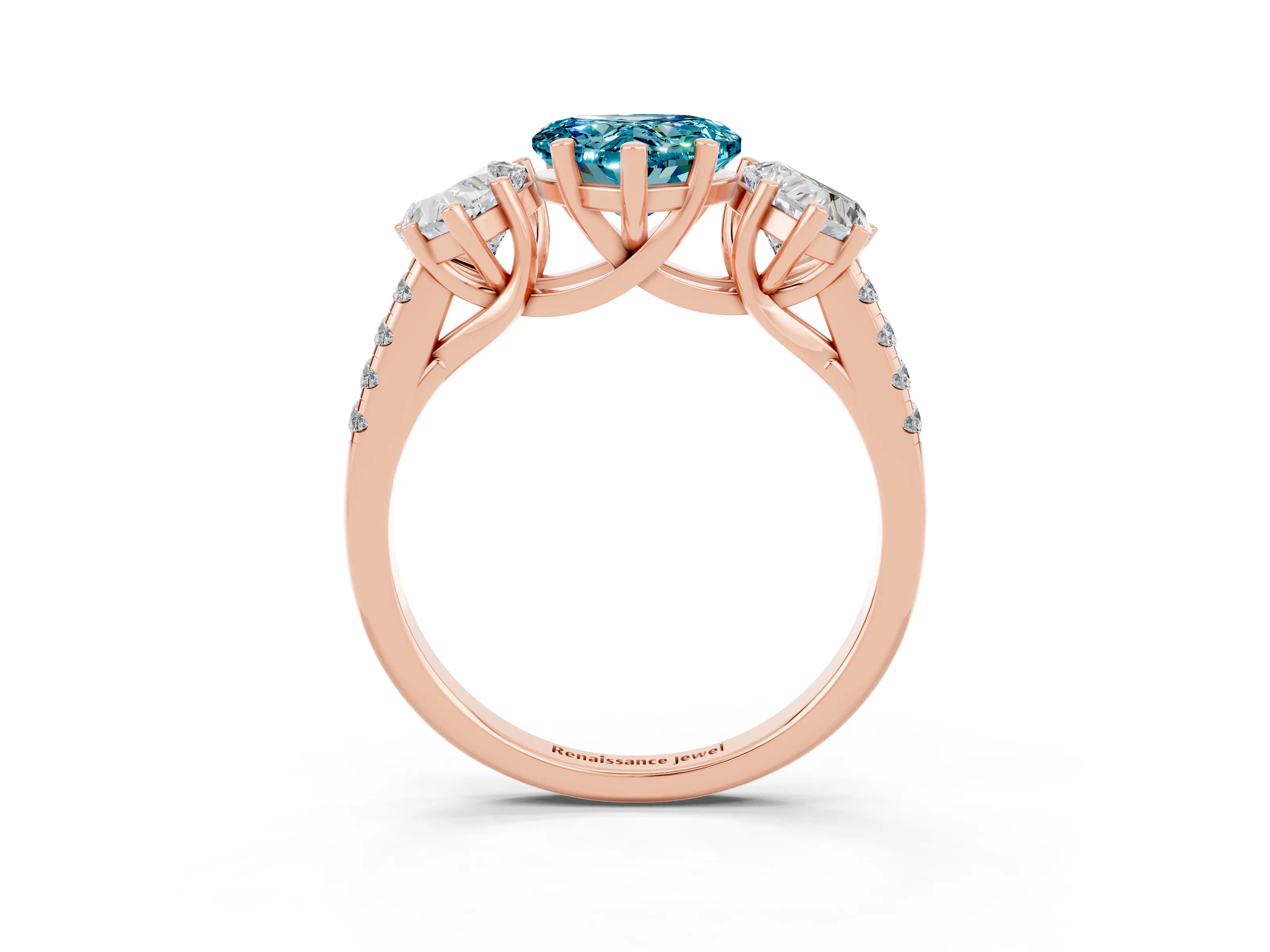 Rose gold Three-Stone Heart Cut Blue Topaz Ring with Pavé Band and Prong Setting_15