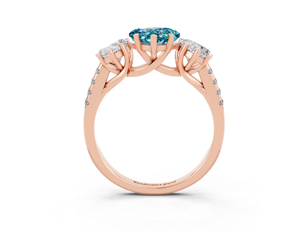 Rose gold Three-Stone Heart Cut Blue Topaz Ring with Round  Pavé Band and Prong Setting