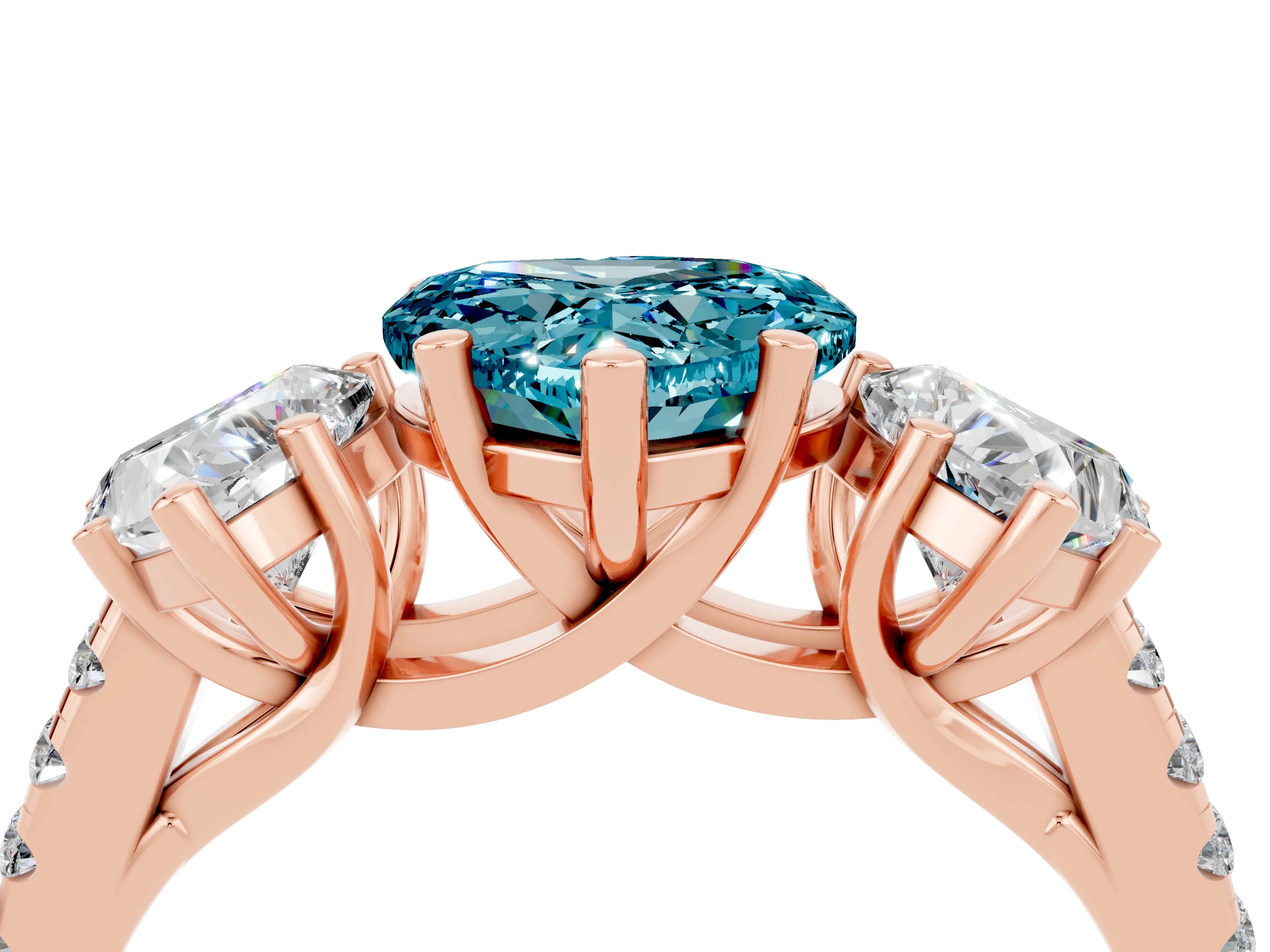 Rose gold Three-Stone Heart Cut Blue Topaz Ring with Pavé Band and Prong Setting_16