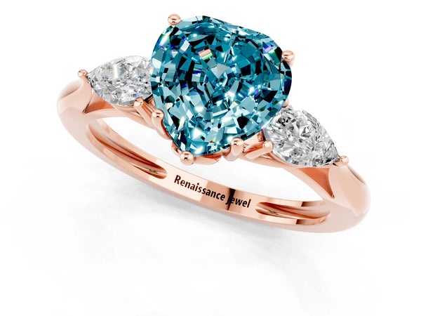 Rose gold Three-Stone Heart Cut Blue Topaz Ring with Pear  Side Stones in Four-Prong Setting