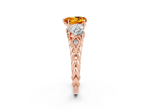 Rose gold Three-Stone Heart Cut Citrine Braided Band Ring with Four-Prong Setting