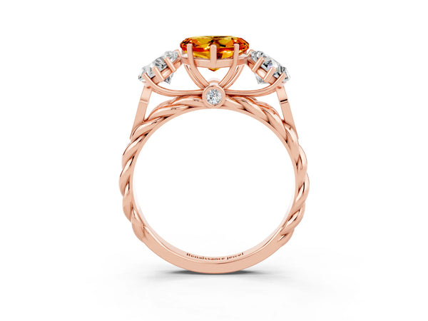 Rose gold Three-Stone Heart Cut Citrine Braided Band Ring with Four-Prong Setting