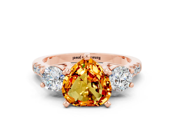 Rose gold Three-Stone Heart Cut Citrine Pavé Band with Four-Prong Setting
