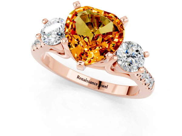 Rose gold Three-Stone Heart Cut Citrine Pavé Band with Four-Prong Setting