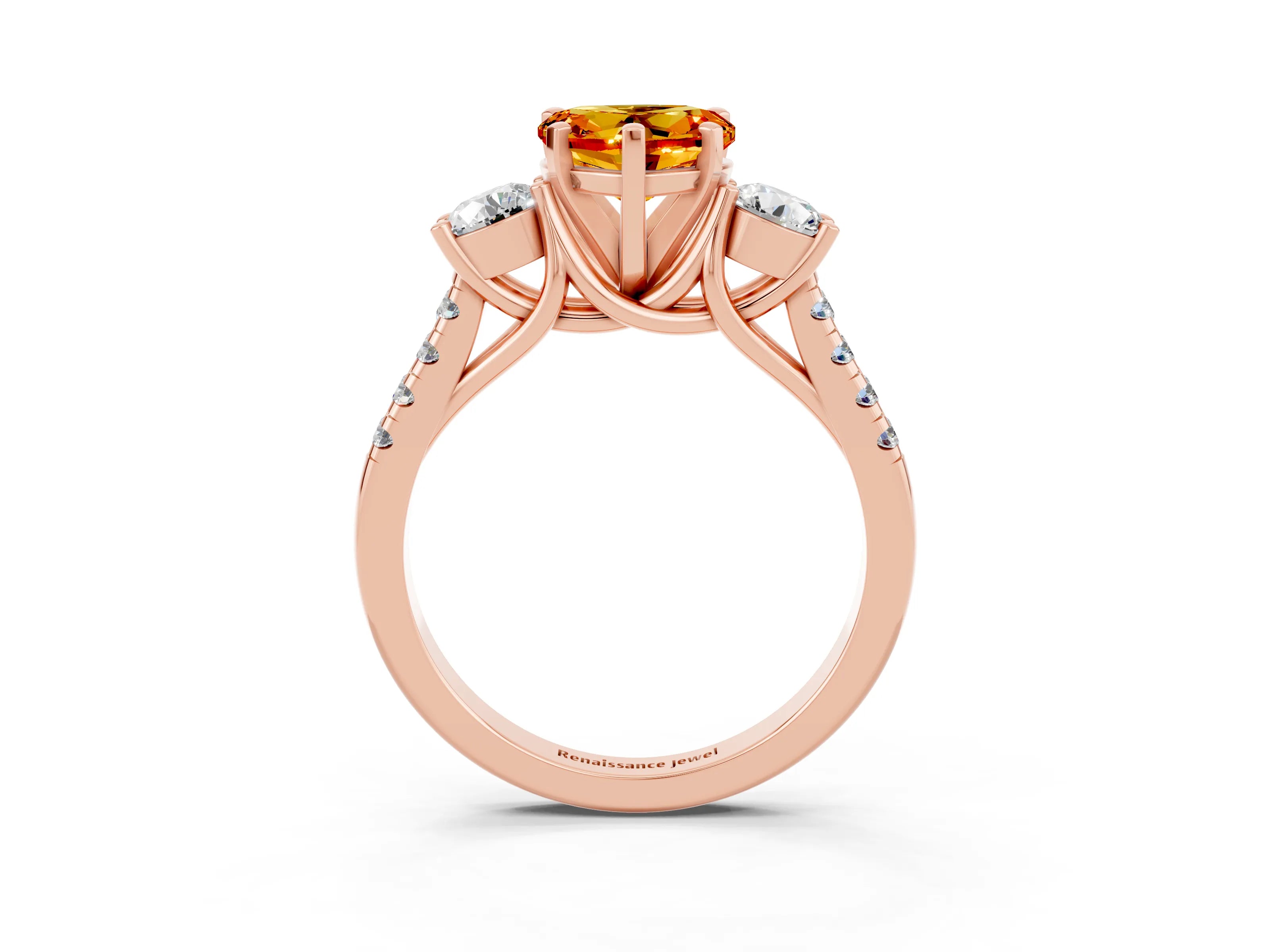 Rose gold Three-Stone Heart Cut Citrine Pavé Band with Four-Prong Setting_3