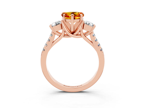 Rose gold Three-Stone Heart Cut Citrine Pavé Band with Four-Prong Setting