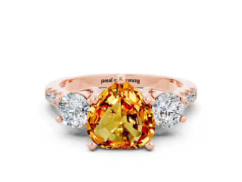 Rose gold Three-Stone Heart Cut Citrine Pavé Band with Four-Prong Setting