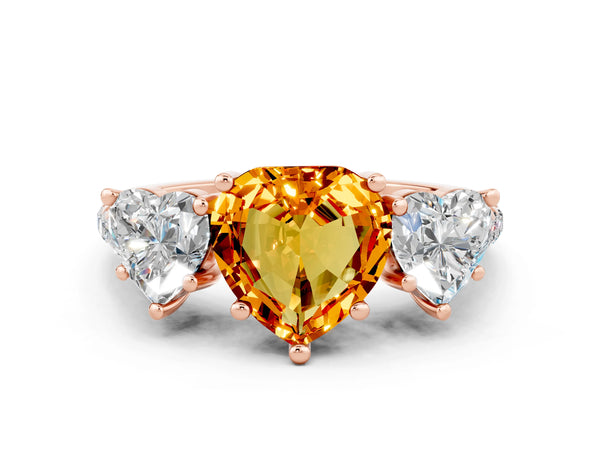 Rose gold Three-Stone Heart Cut Citrine Ring with Round  Pavé Band and Prong Setting