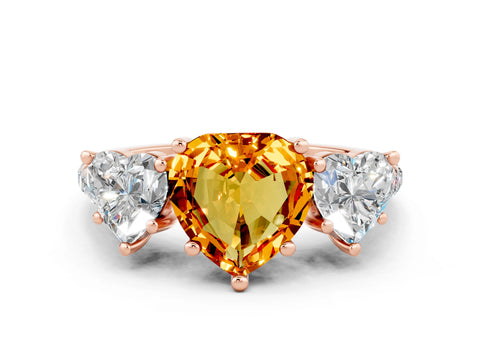 Rose gold Three-Stone Heart Cut Citrine Ring with Pavé Band and Prong Setting_12