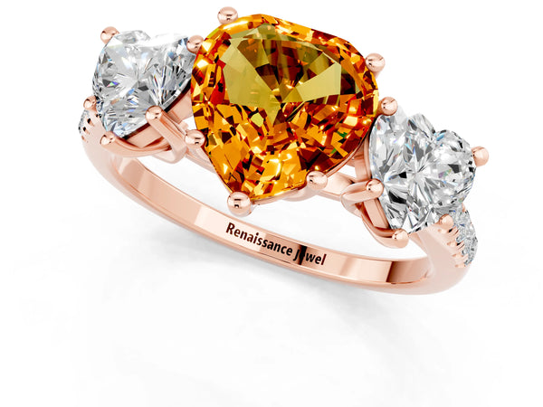 Rose gold Three-Stone Heart Cut Citrine Ring with Round  Pavé Band and Prong Setting