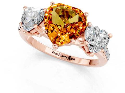 Rose gold Three-Stone Heart Cut Citrine Ring with Pavé Band and Prong Setting_13