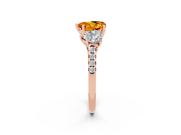 Rose gold Three-Stone Heart Cut Citrine Ring with Round  Pavé Band and Prong Setting