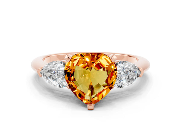 Rose gold Three-Stone Heart Cut Citrine Ring with Pear Side Stones and Four-Prong Setting