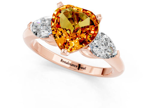 Rose gold Three-Stone Heart Cut Citrine Ring with Pear Side Stones and Four-Prong Setting_1