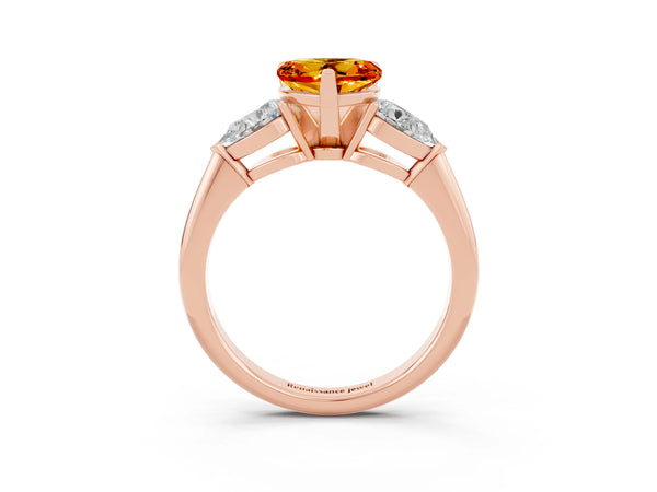 Rose gold Three-Stone Heart Cut Citrine Ring with Pear Side Stones and Four-Prong Setting