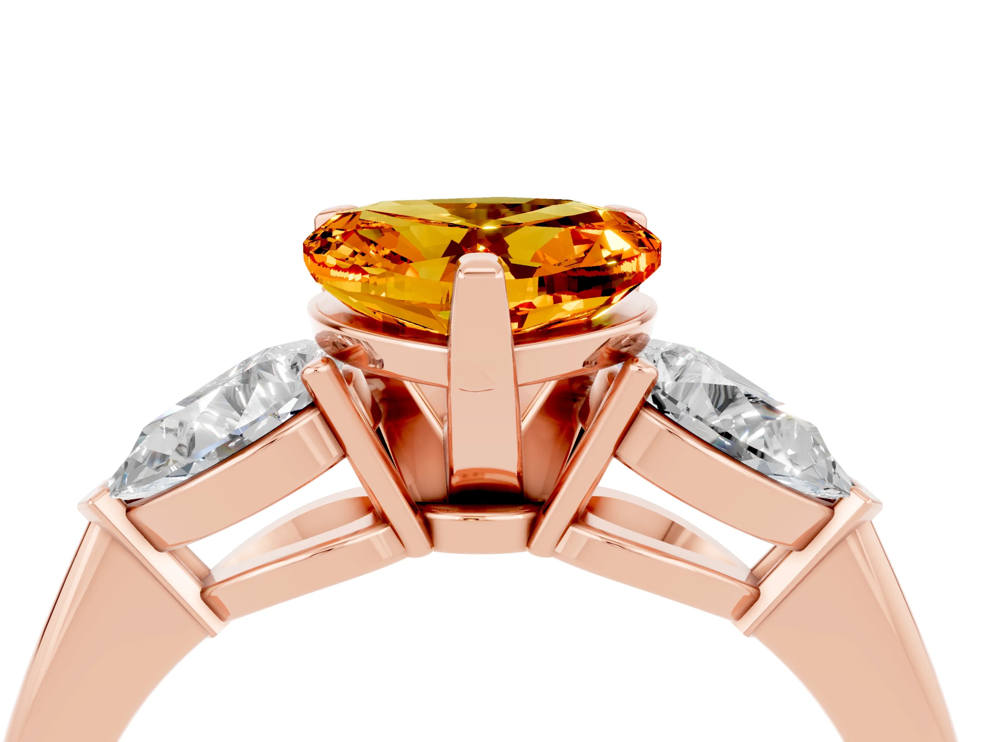 Rose gold Three-Stone Heart Cut Citrine Ring with Pear Side Stones and Four-Prong Setting_4