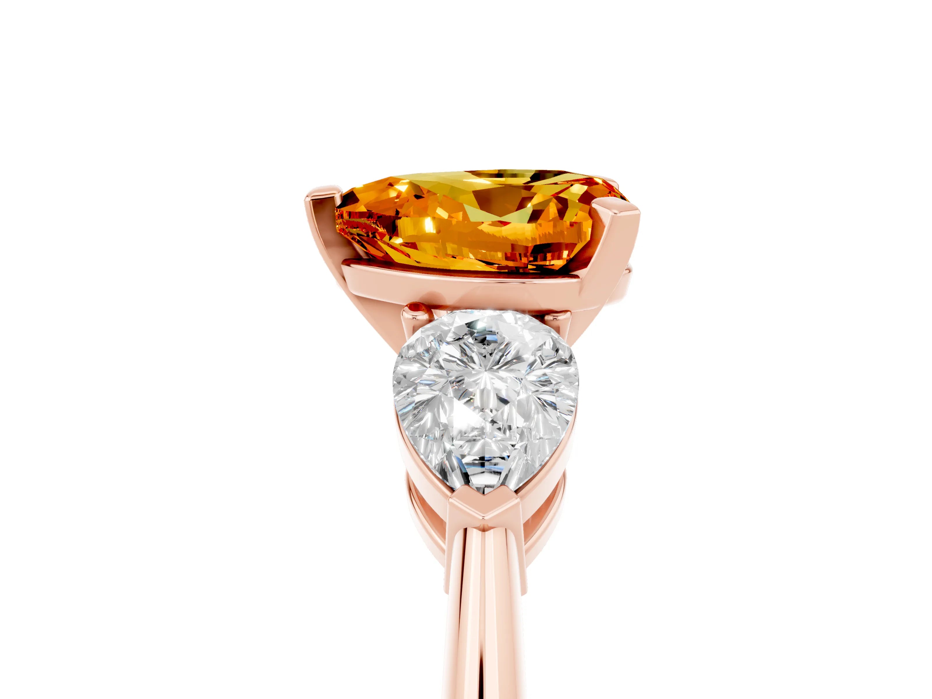 Rose gold Three-Stone Heart Cut Citrine Ring with Pear Side Stones and Four-Prong Setting_5