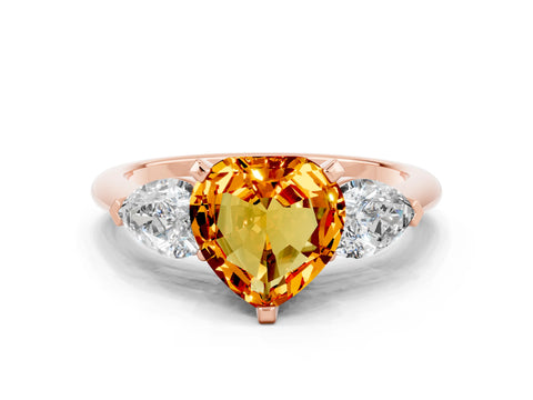 Rose gold Three-Stone Heart Cut Citrine Ring with Pear Side Stones and Four-Prong Setting