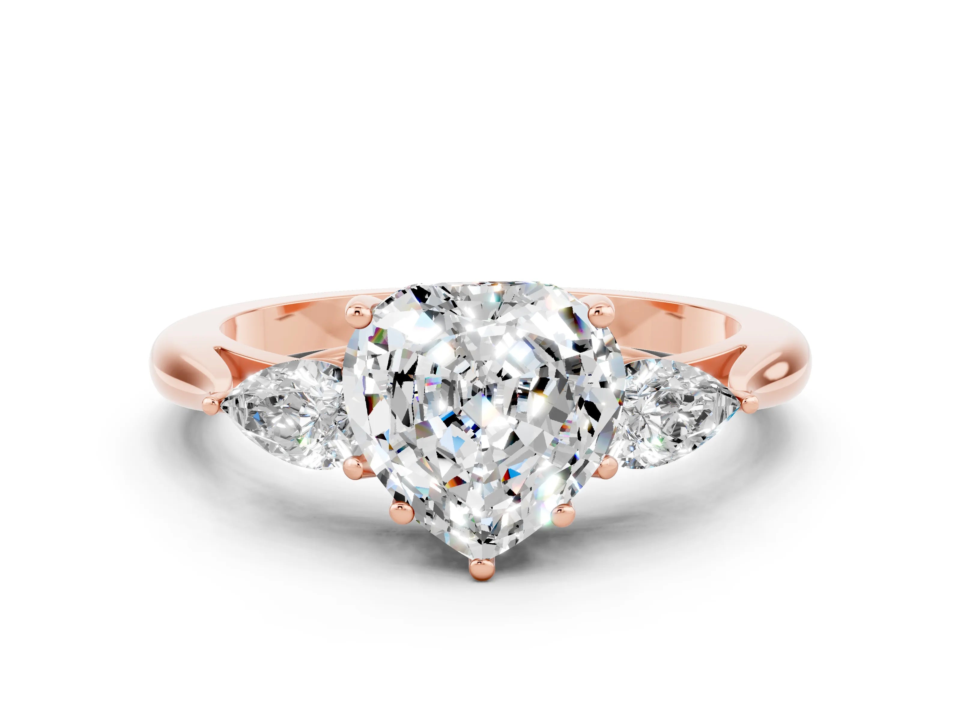 Rose gold Three-Stone Heart Cut Cut Diamond Ring with Pear Side Stones in Four-Prong Setting